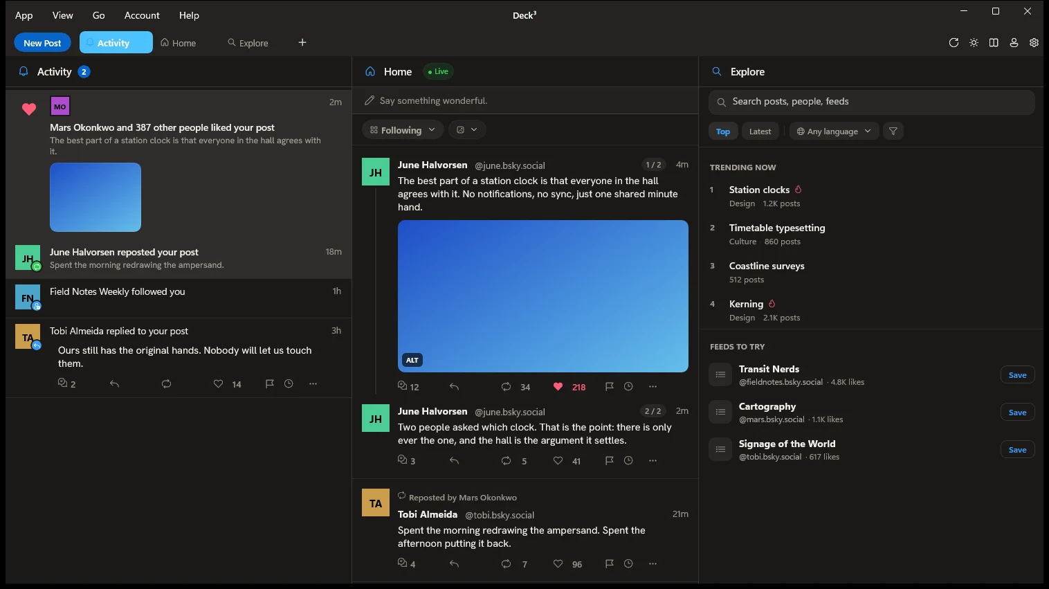 Activity as the leading column: likes, reposts, follows and replies.