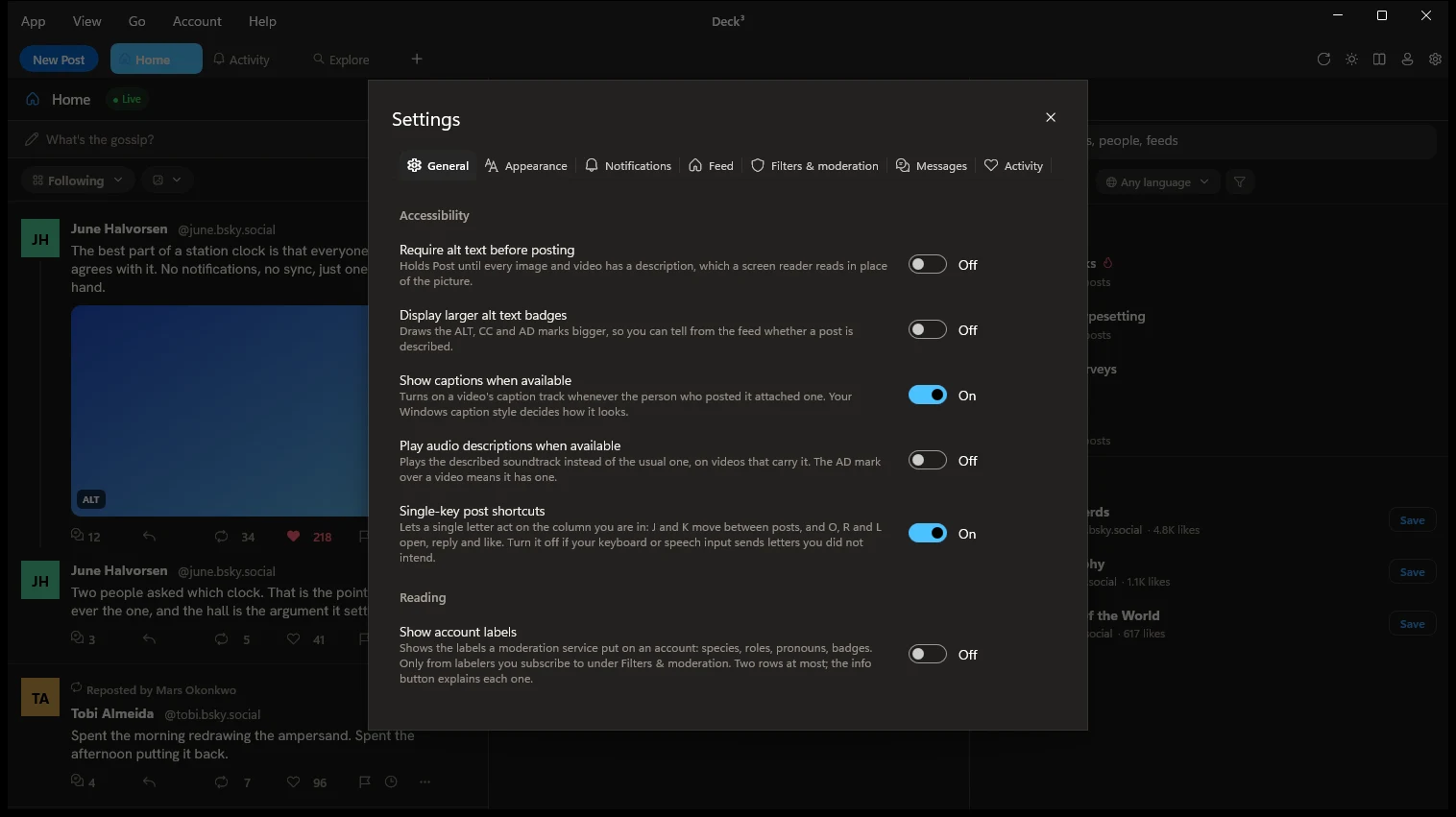 Settings: require ALT, video captions and single-key shortcuts.