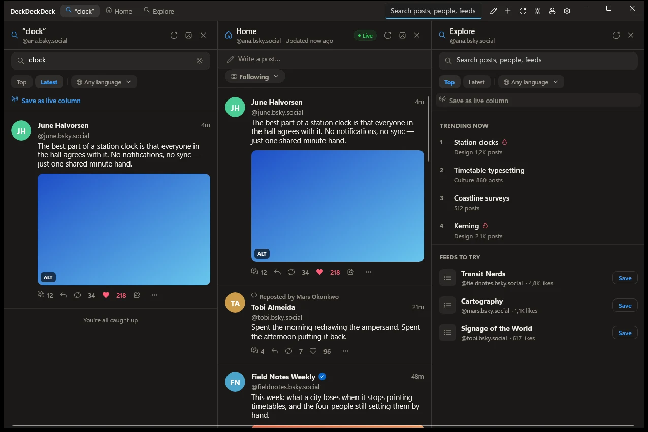 A search pinned as its own column, next to Home and Explore.